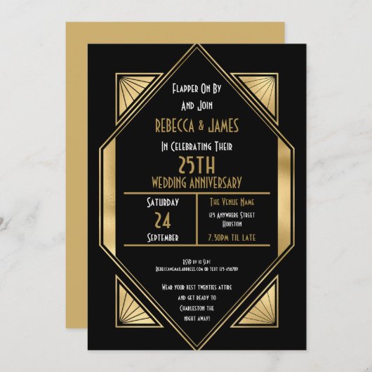Invitation Art Déco 25 ans Anniversaire Mariage Argent (Devant / Derrière)