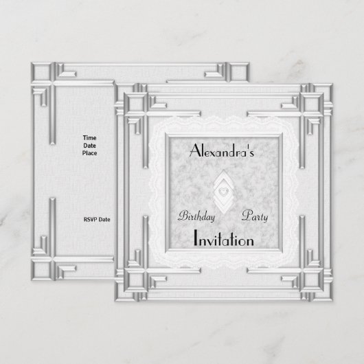 Invitation Art Déco Argent Blanc (Devant / Derrière)