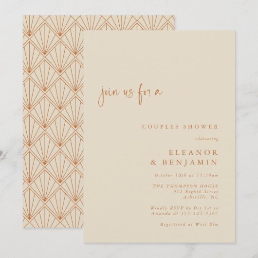 Invitation Art Déco Art Burnt Orange Elégant Couples Douche (Devant / Derrière)