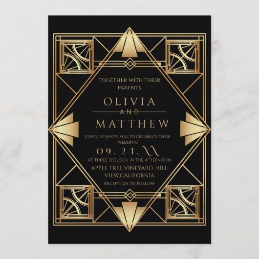 Invitation Art Deco Black Gold Frame Wedding (Devant)