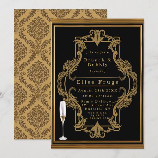 Invitation Art Déco Black Gold Royal Brunch & Bubbly Invitati (Devant / Derrière)