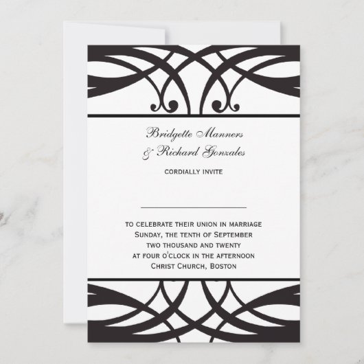 Invitation Art déco blanc noir d'invitations de mariage (Devant)