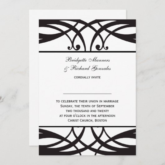 Invitation Art déco blanc noir d'invitations de mariage (Devant / Derrière)