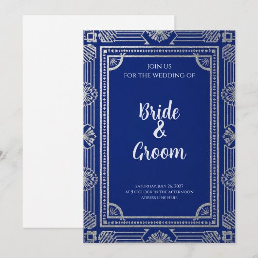 Invitation Art Déco Bleu Nuit Argent Gris (Devant / Derrière)