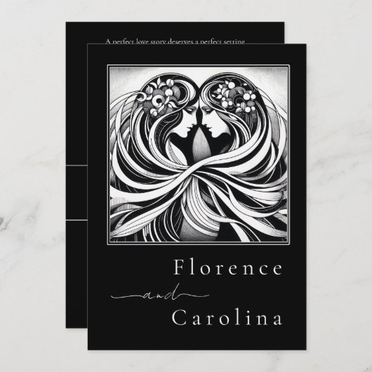 Invitation Art déco classique moderne Mariage noir & blanc (Devant / Derrière)