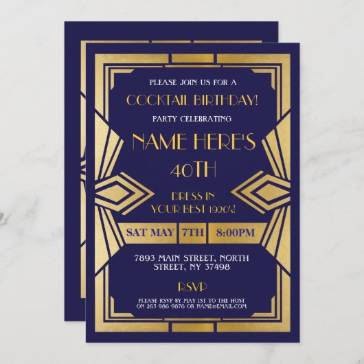 invitation Art déco des années 1920 Gatsby Party N (Devant / Derrière)