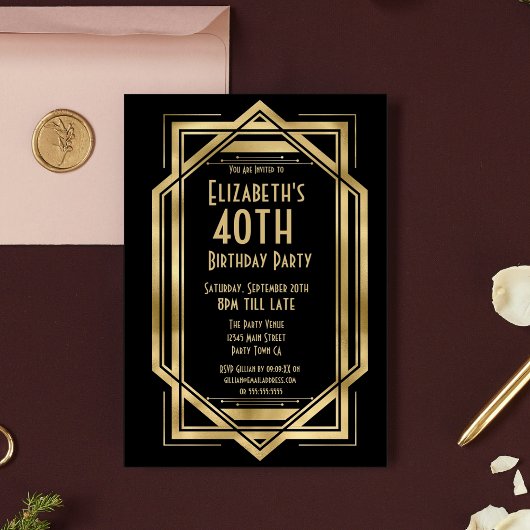 Invitation Art déco des années 20 | Gold 40th Birthday