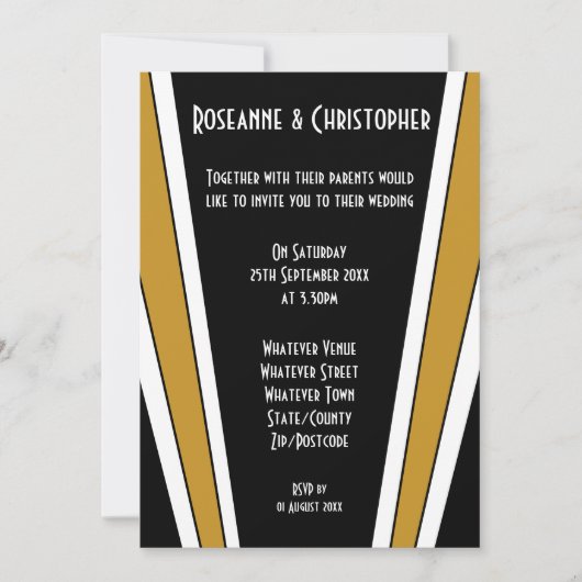 Invitation Art Déco Design Mariage Noir Et Or (Devant)