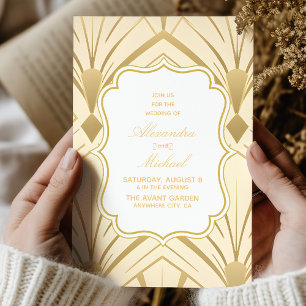 Invitation Art Déco Diamant Mariage blanc et or