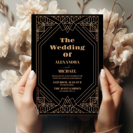 Invitation Art Déco Elegant Classic Gold Frame Black Mariage