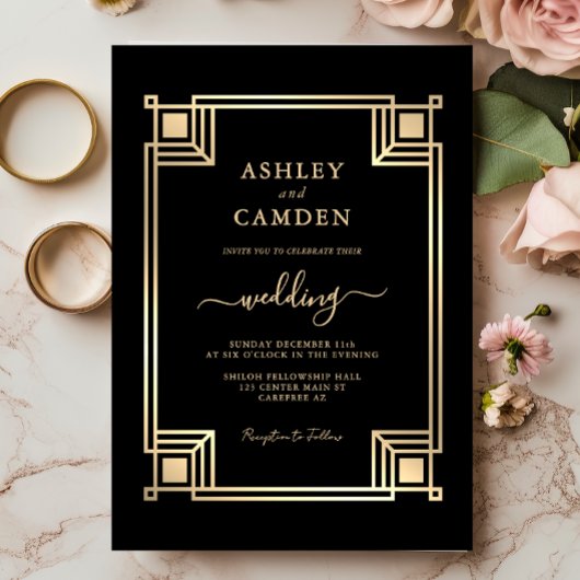 Invitation Art Deco Elegant Gold Frame Black Wedding