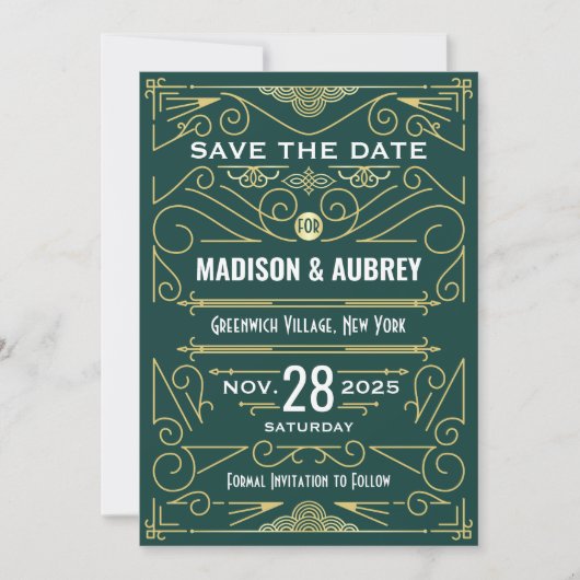 Invitation Art Déco Enregistrer la date Mariage Elegant Gold  (Devant)