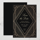 Invitation Art Deco Enregistrer la Date Or Faux Noir (Devant / Derrière)