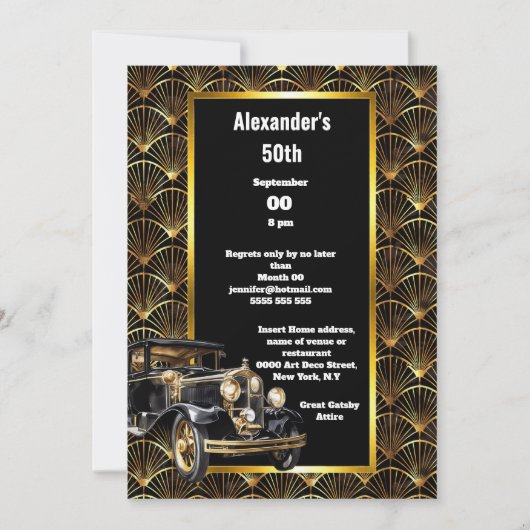 Invitation Art déco esquisse automobile arch or noir motif (Devant)