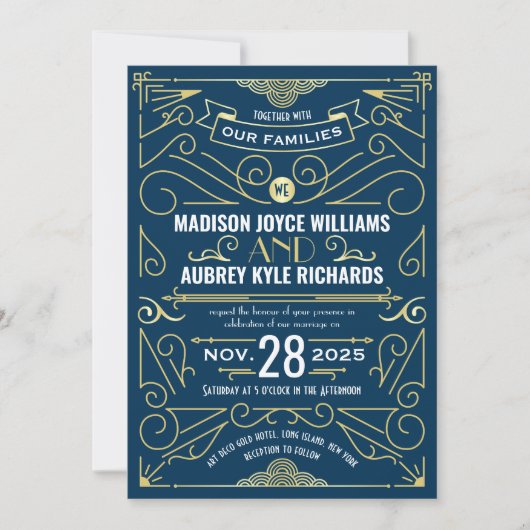 Invitation Art Déco Gatsby Mariage Élégant Or Bleu foncé (Devant)