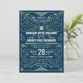 Invitation Art Déco Gatsby Mariage Élégant Or Bleu foncé (Debout devant)
