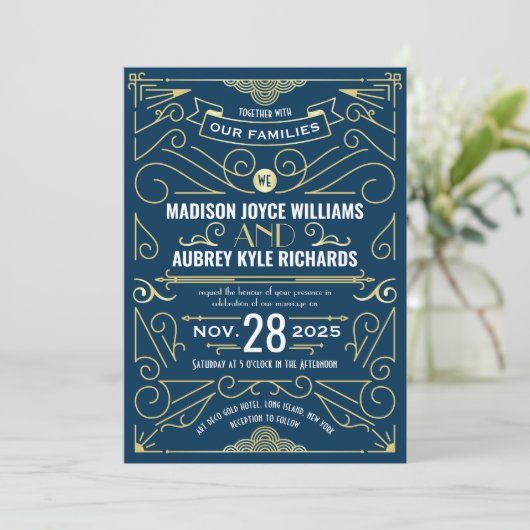 Invitation Art Déco Gatsby Mariage Élégant Or Bleu foncé (Debout devant)