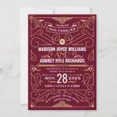 Invitation Art Déco Gatsby Mariage Elégant Or Bourgogne (Devant)
