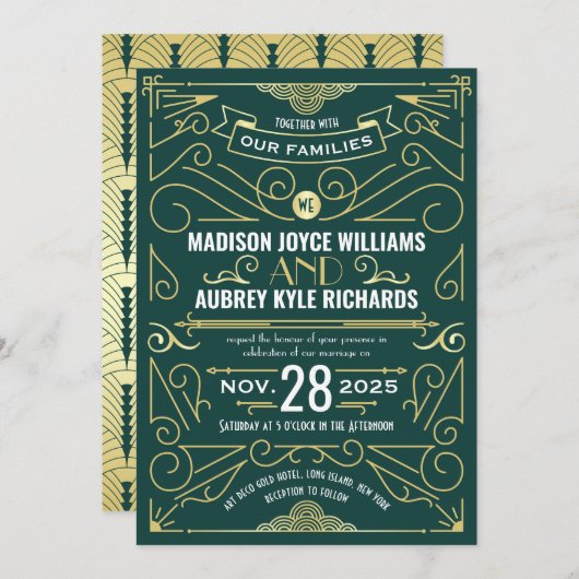 Invitation Art Déco Gatsby Mariage Élégant Or Vert foncé (Devant / Derrière)
