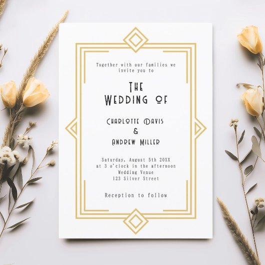 Invitation Art Deco Gatsby white gold wedding
