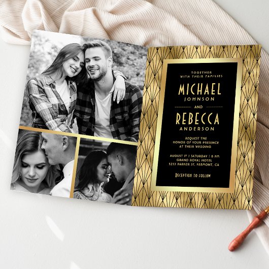 Invitation Art Déco Géométrique Code QR Mariage Noir Or