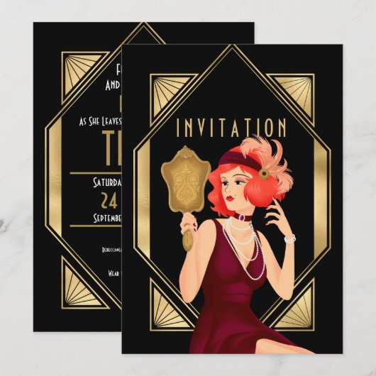 Invitation Art Déco Glam Girl 30e anniversaire Gold Black (Devant / Derrière)