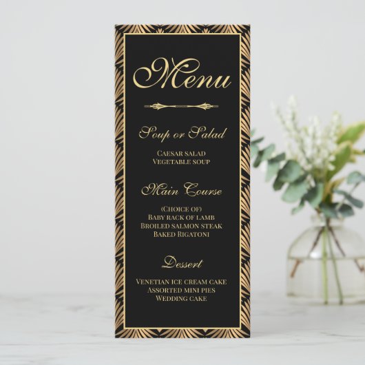 Invitation Art Déco Gold Black Great Gatsby Menu Mariage (Debout devant)