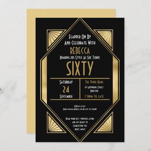 Invitation Art Déco Gold Frame 60e Anniversaire Noir (Devant / Derrière)