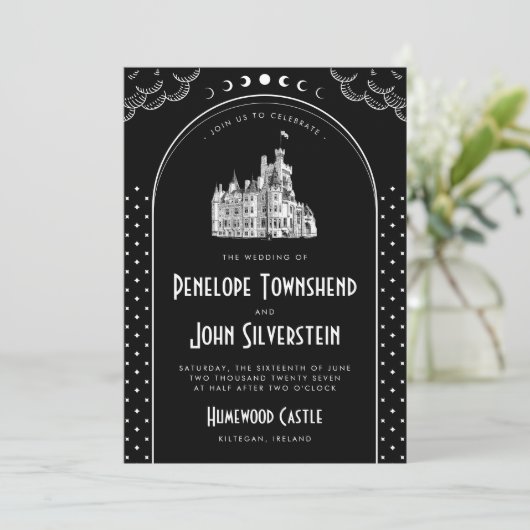 Invitation Art déco gothique Noir Blanc Castle Mariage (Debout devant)
