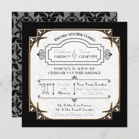 Invitation Art Déco Grande Gatsby Style Typographie en dentel (Devant / Derrière)