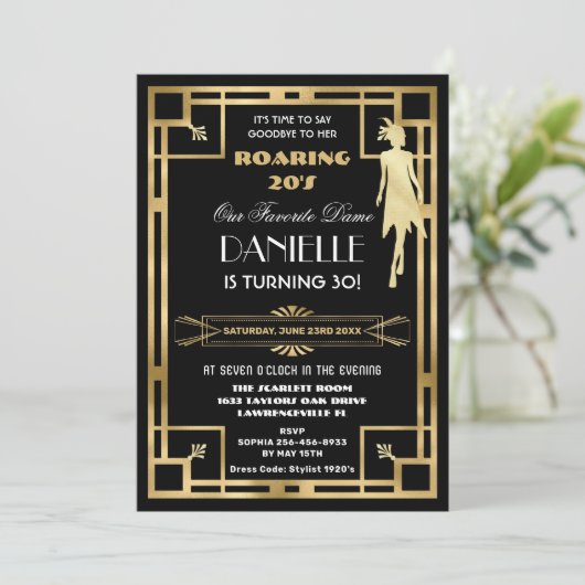 Invitation Art Déco Great Gatsby Roaring 20s 30e anniversaire (Debout devant)