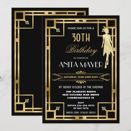 Invitation Art Déco Great Gatsby Roaring 20s Anniversaire N'I (Devant / Derrière)