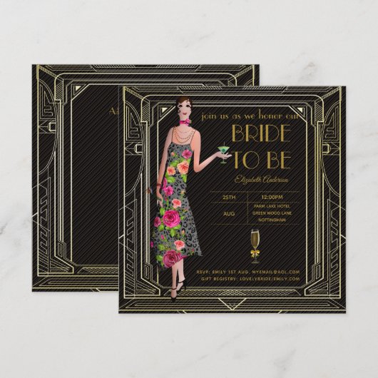 Invitation Art Déco Great Gatsby Roaring 20s Fête des mariées (Devant / Derrière)