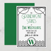 Invitation Art Déco Horse Racing Party avec des accents verts (Devant / Derrière)