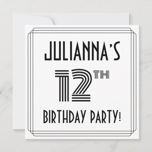 Invitation Art Déco Inspiré 12ème Anniversaire Fête, Nom pers (Devant)