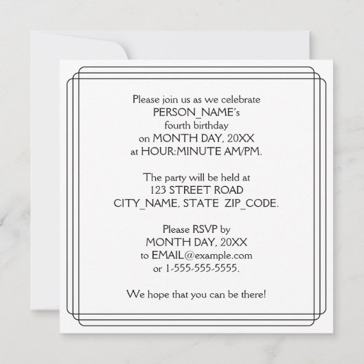 Invitation Art Déco Inspiré 4e fête d'anniversaire, Nom perso (Dos)