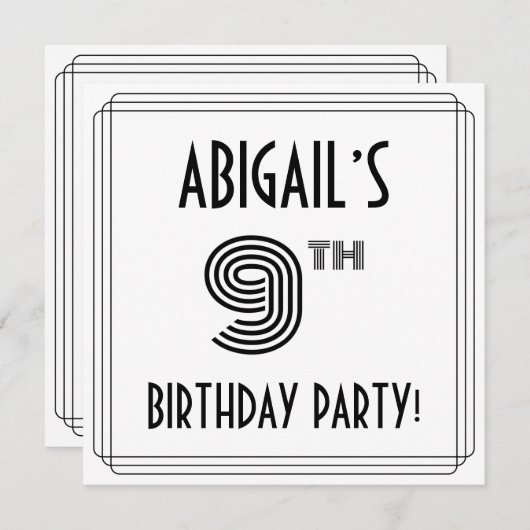 Invitation Art Déco Inspiré 9e fête d'anniversaire, Nom perso (Devant / Derrière)
