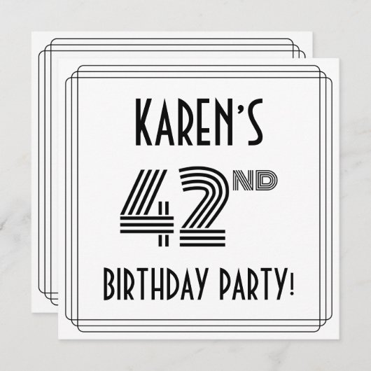Invitation Art Deco Inspired 42nd Birthday Party, Custom Name (Devant / Derrière)