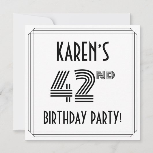 Invitation Art Deco Inspired 42nd Birthday Party, Custom Name (Devant)