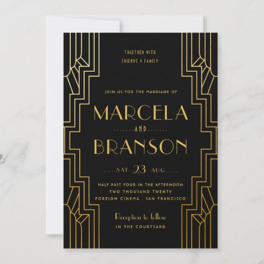 Invitation Art Déco Ironwork Faux Gold Mariage Custom Black (Devant)
