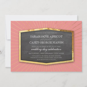 Invitation ART DECO MARIAGE corail de corail en damier doré