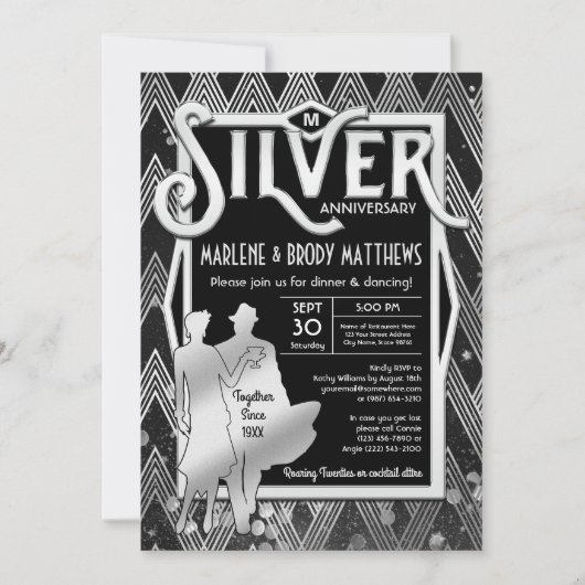 Invitation Art Déco Mariage de l'argent Gatsby (Devant)