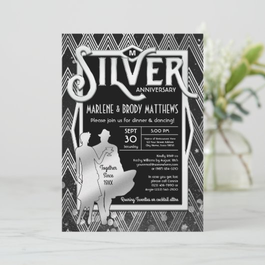 Invitation Art Déco Mariage de l'argent Gatsby (Debout devant)