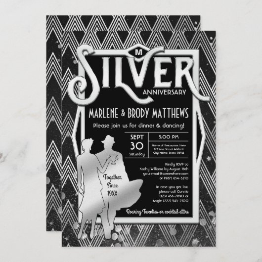 Invitation Art Déco Mariage de l'argent Gatsby (Devant / Derrière)