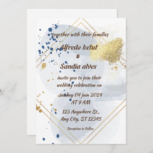 Invitation Art Déco Mariage Diamant blanc et or huile (Devant / Derrière)