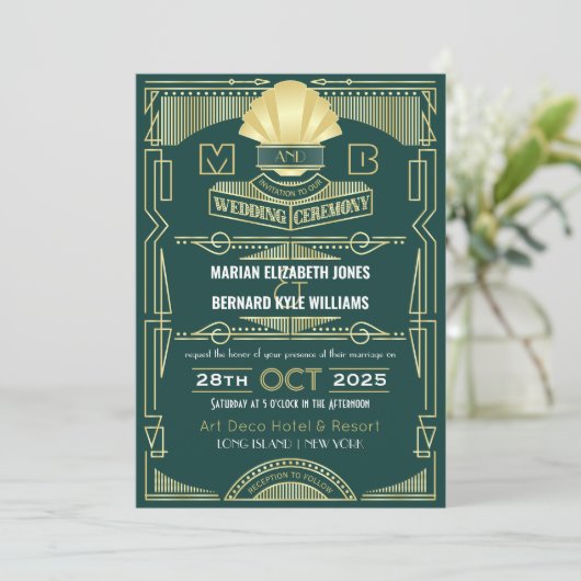 Invitation Art Déco Mariage Elégant Gold Green Great Gatsby (Debout devant)
