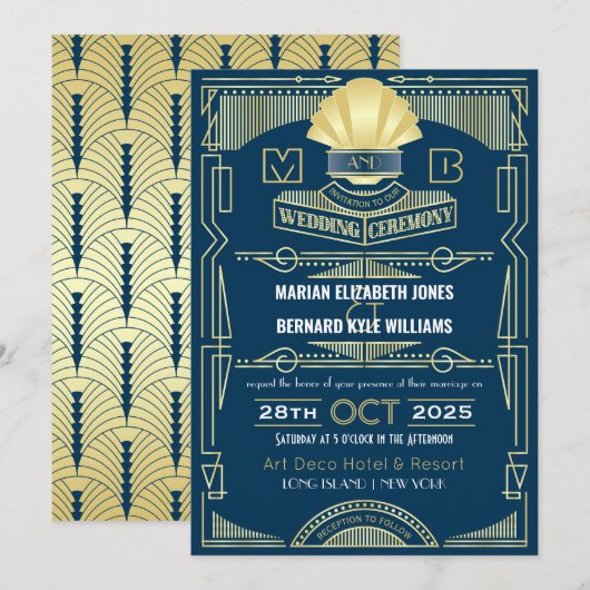 Invitation Art Déco Mariage Elegant Or Bleu Grand Gatsby (Devant / Derrière)