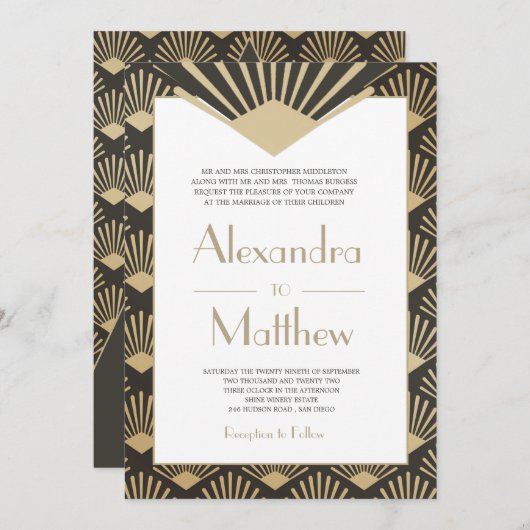 Invitation Art Déco Mariage Gold Roaring Twenties Monogramme (Devant / Derrière)