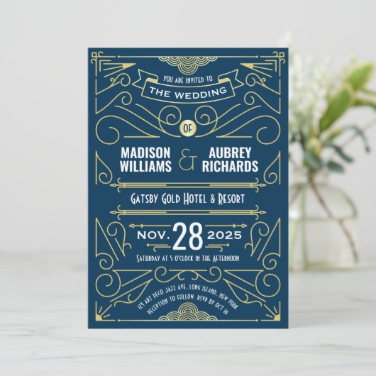 Invitation Art Déco Mariage Great Gatsby Elegant Gold Blue (Debout devant)