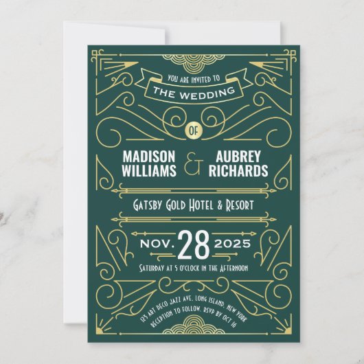 Invitation Art Déco Mariage Great Gatsby Elegant Gold Green (Devant)